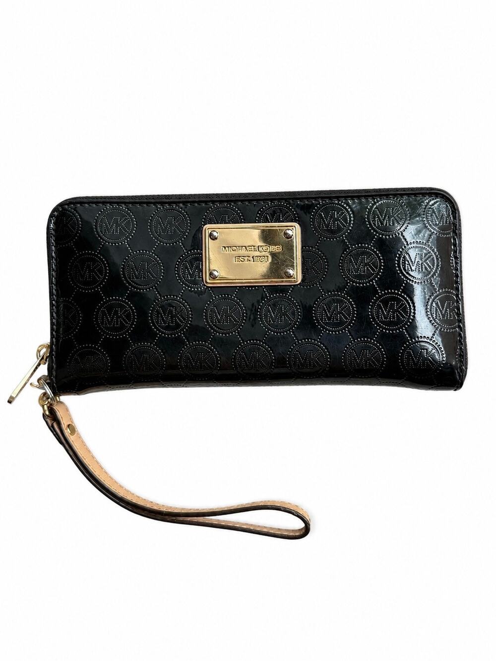 Michael Kors Black Patent Logo Zip Around Wristlet Wallet Gold Hardware